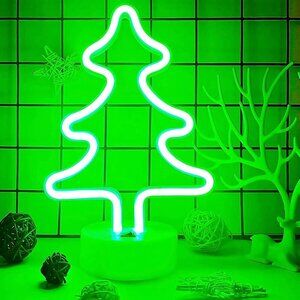 Neon Christmas Sign Tree Light Battery/USB Powered Green with Base